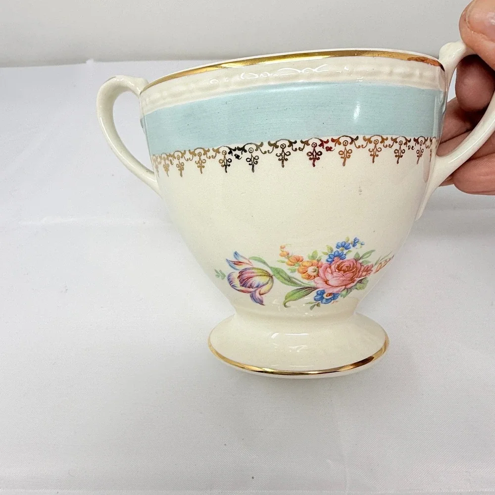 Homer Laughlin Eggshell Georgian Cream and Sugar Set Blue Gold Floral *no lid*